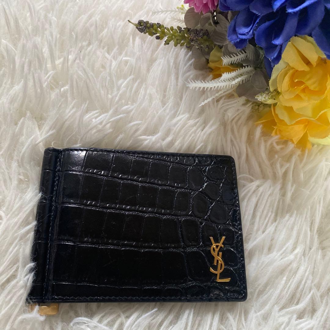 ゆずイヴサンローラン 黒 マネークリップ クロコ ゴールドロゴ YSL