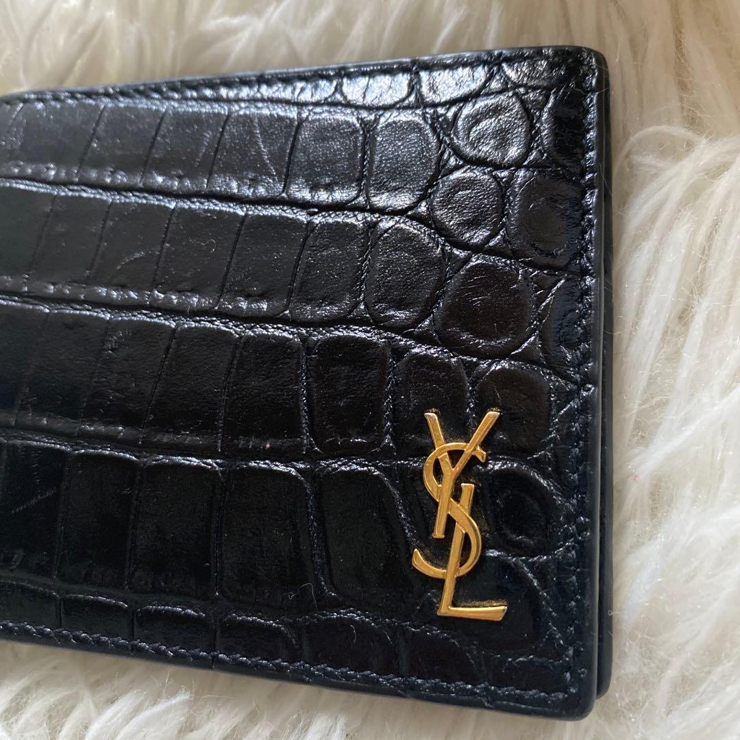 ゆずイヴサンローラン 黒 マネークリップ クロコ ゴールドロゴ YSL
