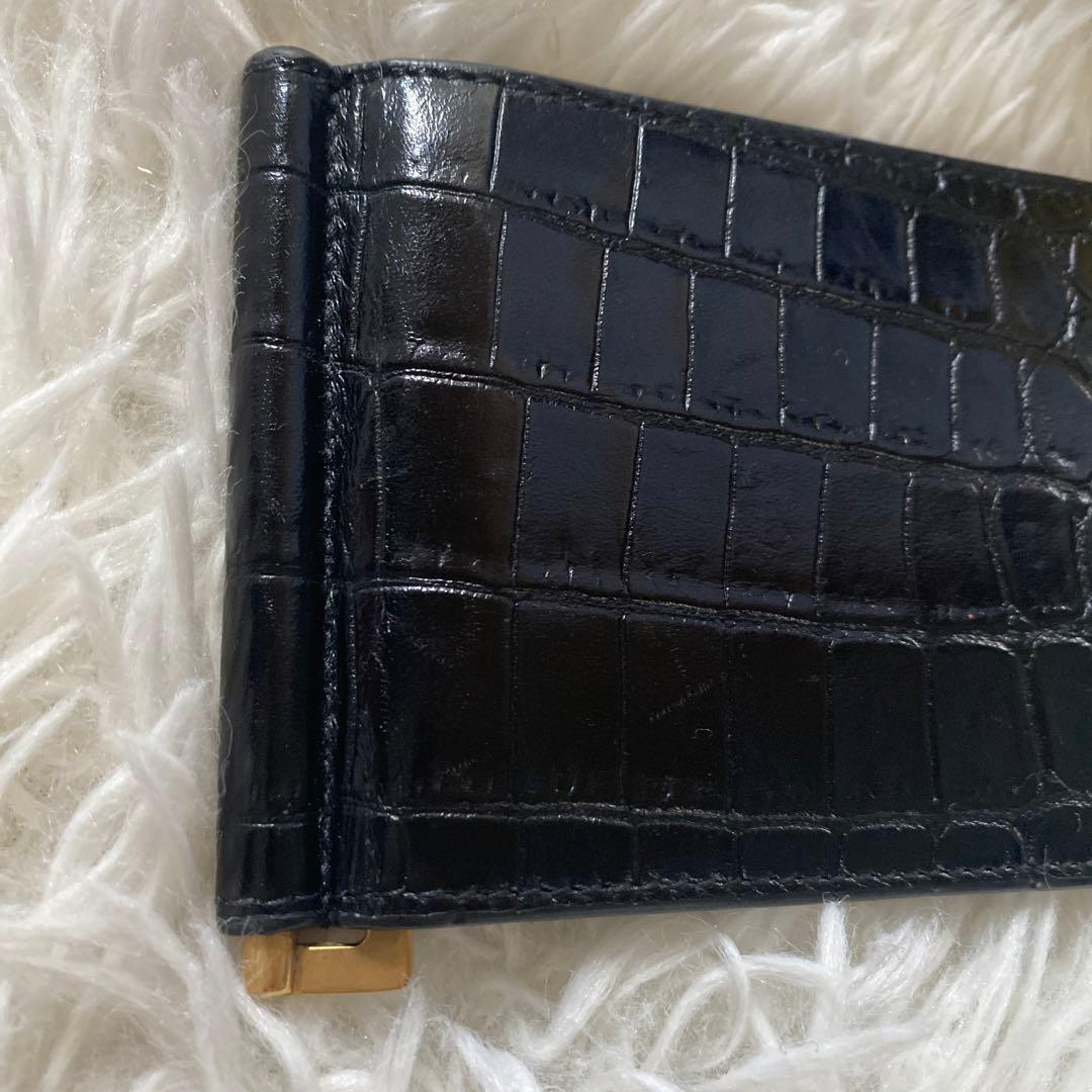 ゆずイヴサンローラン 黒 マネークリップ クロコ ゴールドロゴ YSL
