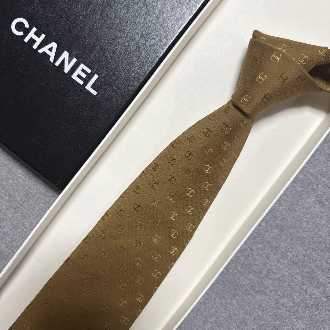 美品　シャネル　ネクタイ　茶色系　CCココマーク　総柄　結婚式