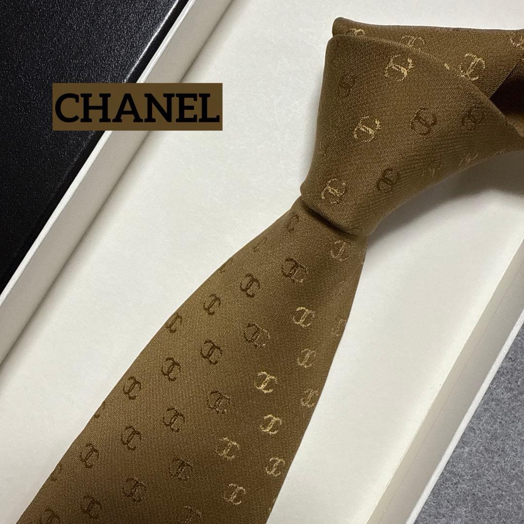 美品　シャネル　ネクタイ　茶色系　CCココマーク　総柄　結婚式