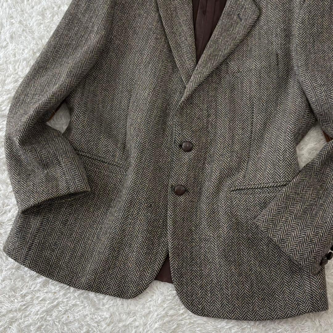 ハリスツイード テーラードジャケット ヘリンボーン くるみボタン パッチ 3L