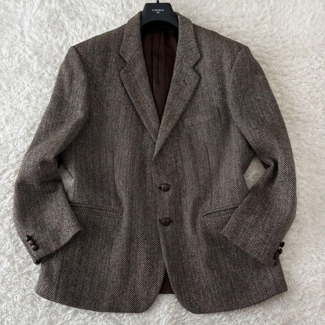 ハリスツイード テーラードジャケット ヘリンボーン くるみボタン パッチ 3L