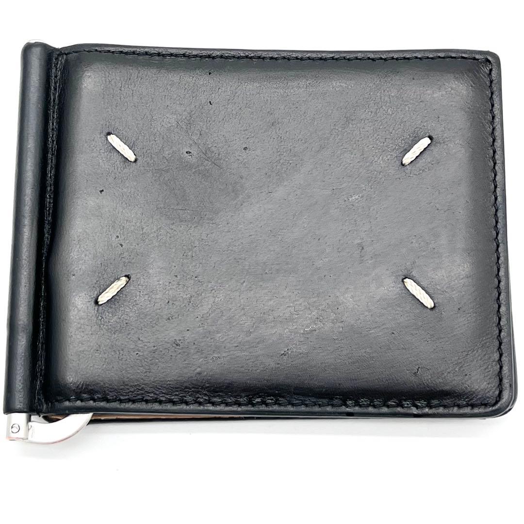 【美品】メゾンマルジェラ　マネークリップ　フォーステッチ　レザー　ブラック