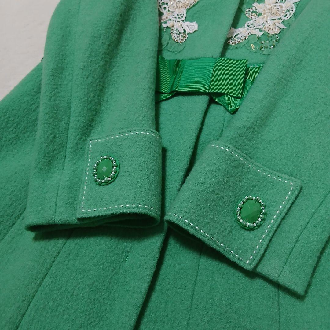 【極美品】Super Beauty レースビジュー混リボン付ウールフレアコート