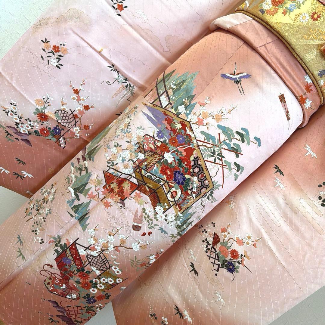 2 振袖フルセット 正絹 ピンク 桃 ピンクベージュ 金彩 暈し染め お上品