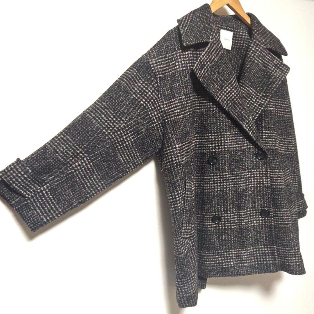 24AW スピックアンドスパン Wスライバーチェックハーフコート 36 黒グレー