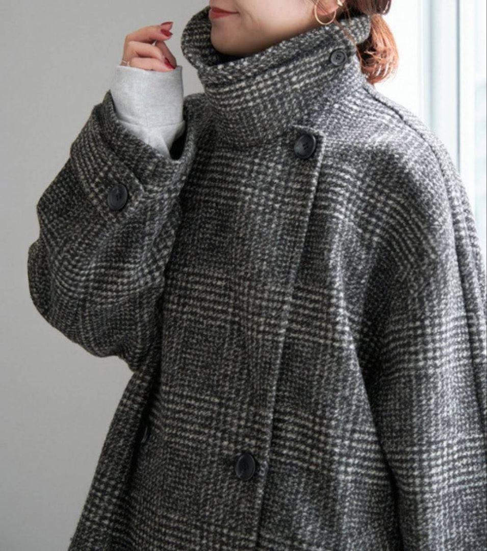 24AW スピックアンドスパン Wスライバーチェックハーフコート 36 黒グレー