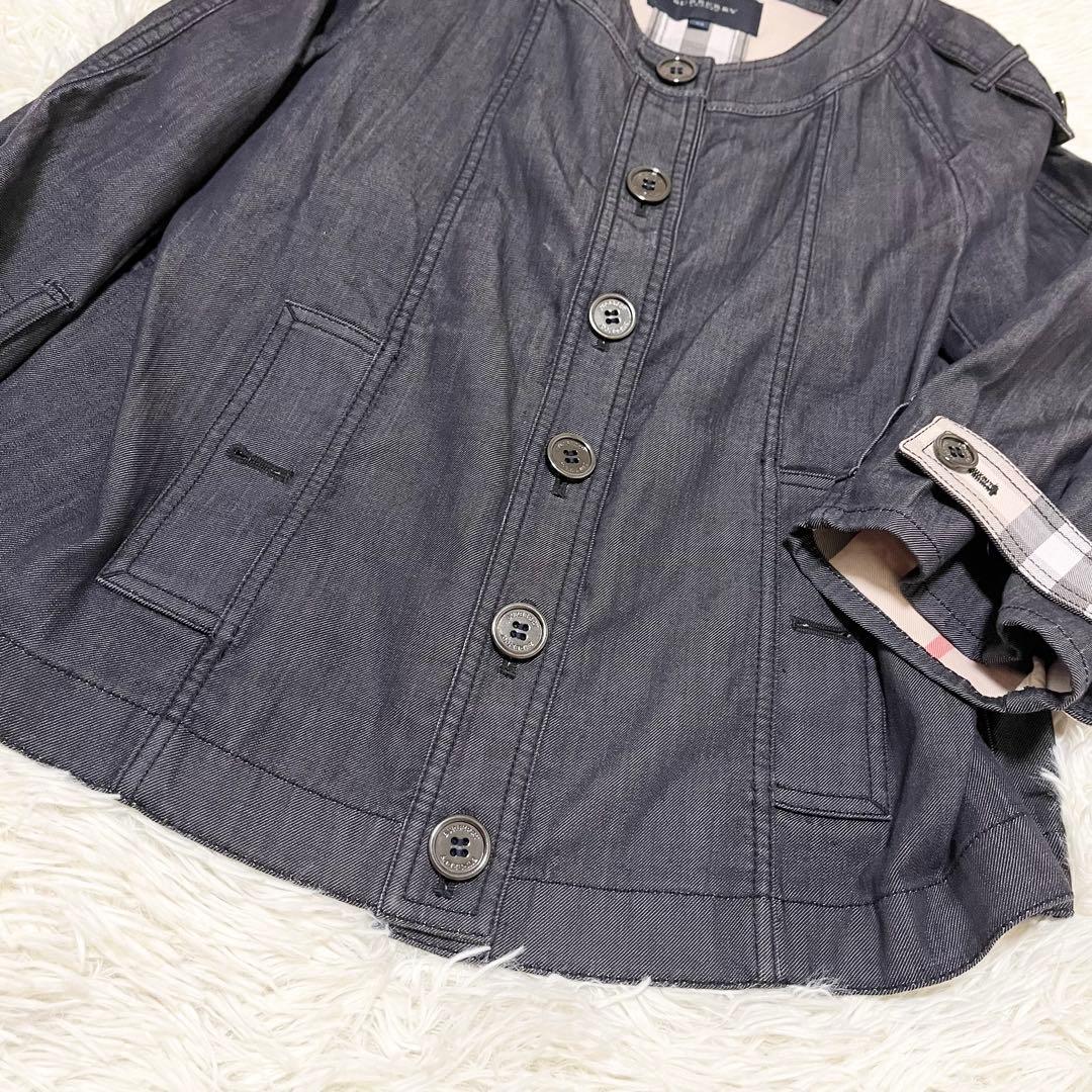 美品　バーバリーロンドン　ノーカラー　デニムジャケット　ノバチェック　44