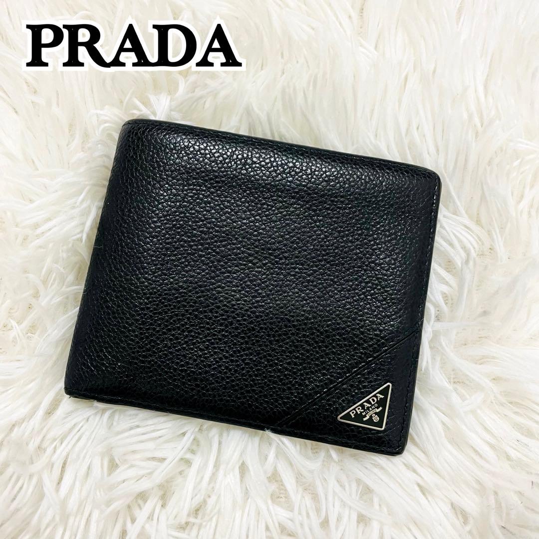 極美✨PRADA 二つ折り財布 ご銭入れ カード入れ 三角ロゴ レザー 黒