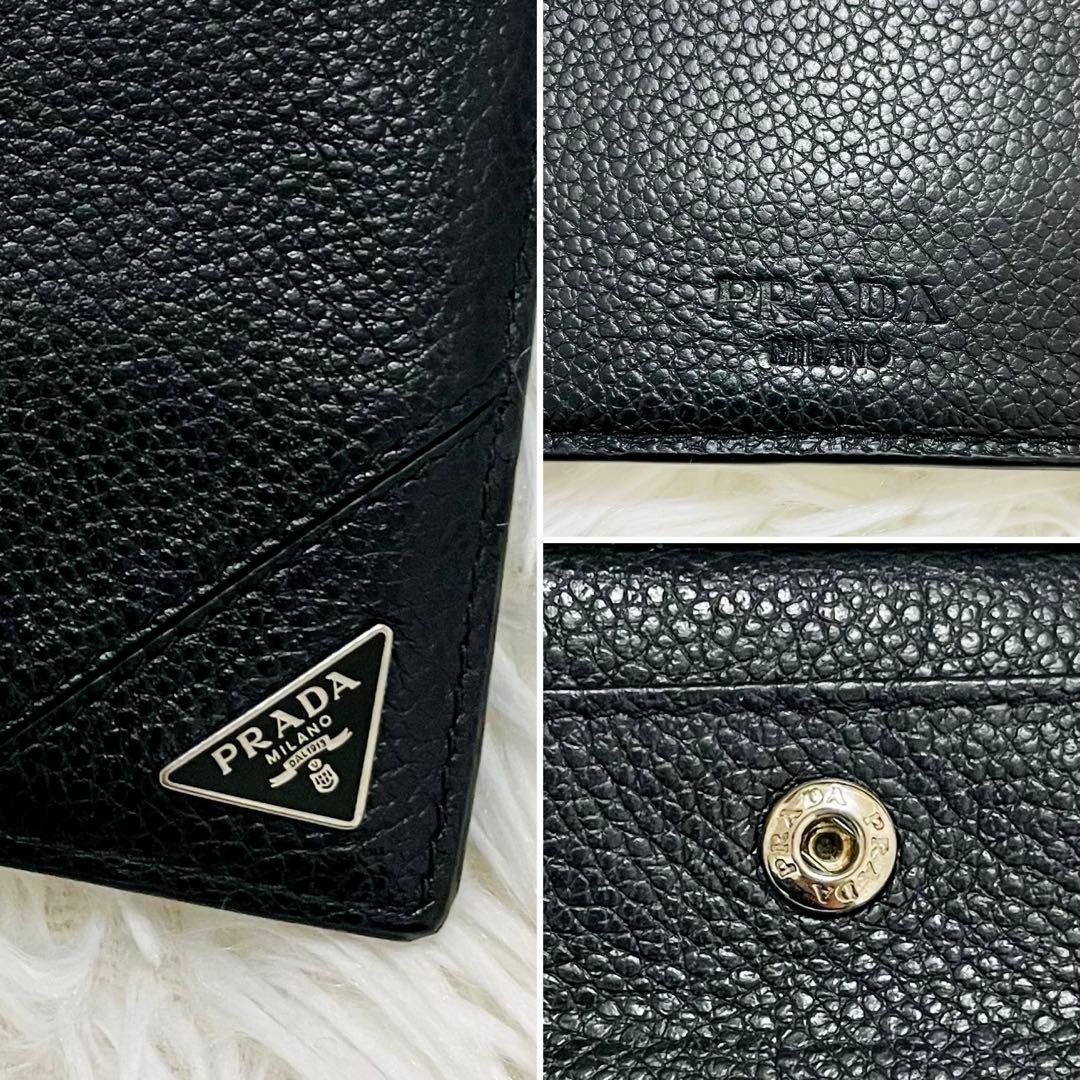極美✨PRADA 二つ折り財布 ご銭入れ カード入れ 三角ロゴ レザー 黒