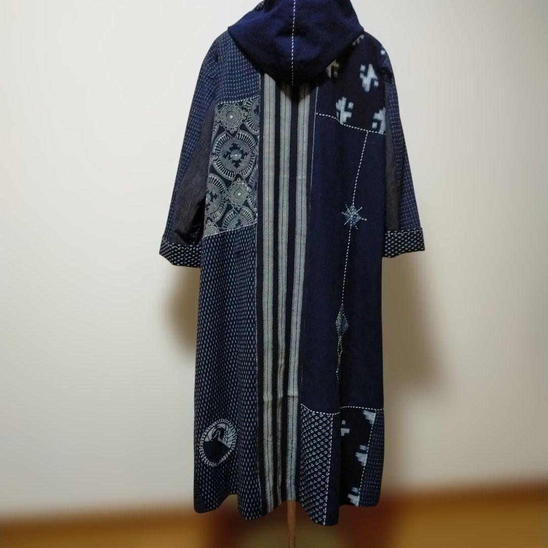 古布リメイク印半纏、絵絣、型染、縞木綿からフ―ドロングコート　　お値下げしました