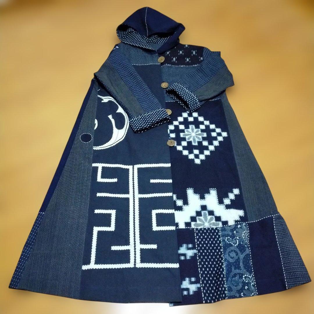 古布リメイク印半纏、絵絣、型染、縞木綿からフ―ドロングコート　　お値下げしました