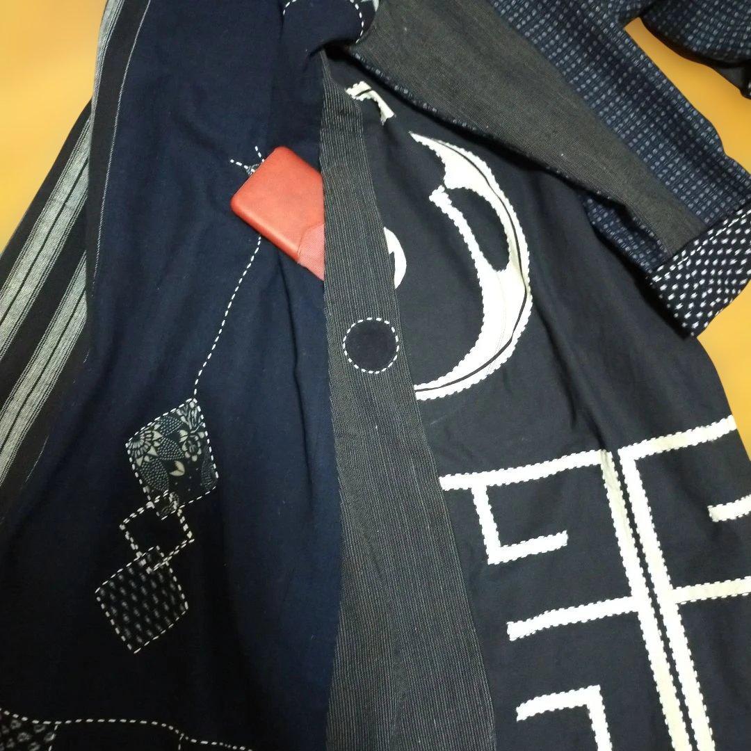 古布リメイク印半纏、絵絣、型染、縞木綿からフ―ドロングコート　　お値下げしました