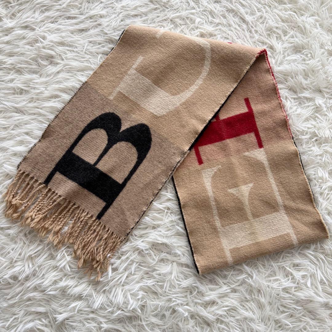 【バーバリーロンドン】マフラー ロゴ カシミヤ混 ベージュ