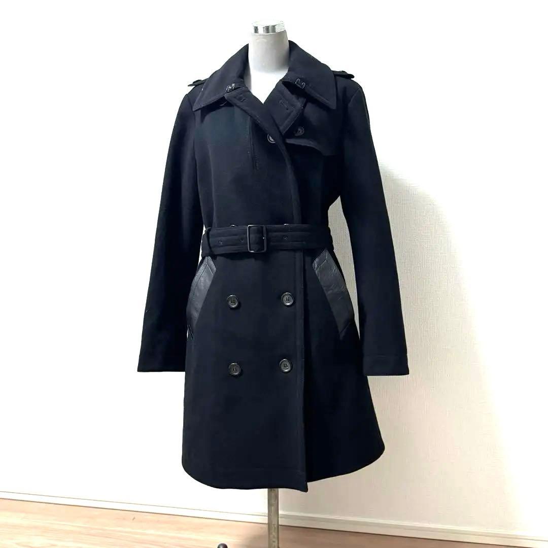 COACHウールトレンチコート革ポケットSブラック