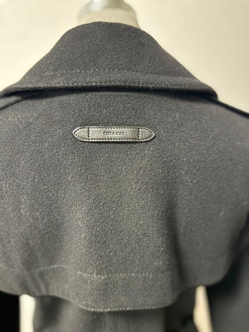 COACHウールトレンチコート革ポケットSブラック