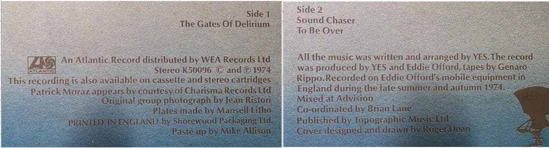 イエス YES 「Relayer」 UK初期 Peckoカット 英国製ジャケット