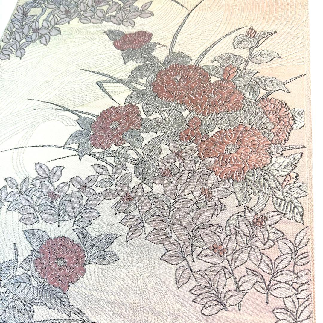 5k3015 名古屋帯　絹　博多織　唐織　ピンク　白　花柄　和装　着物