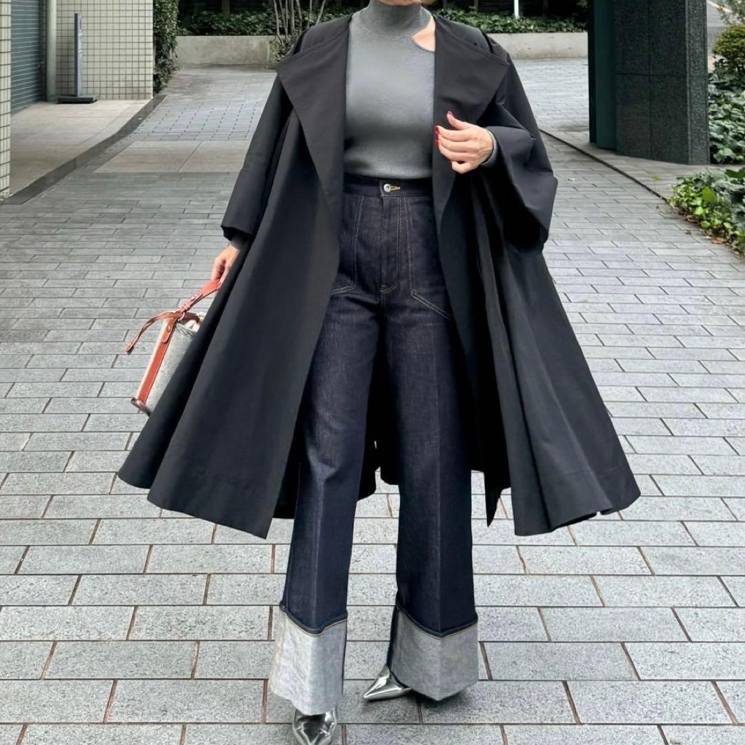 cygne シーニュ　Aラインボリュームフレアコート 黒　スプリングコート