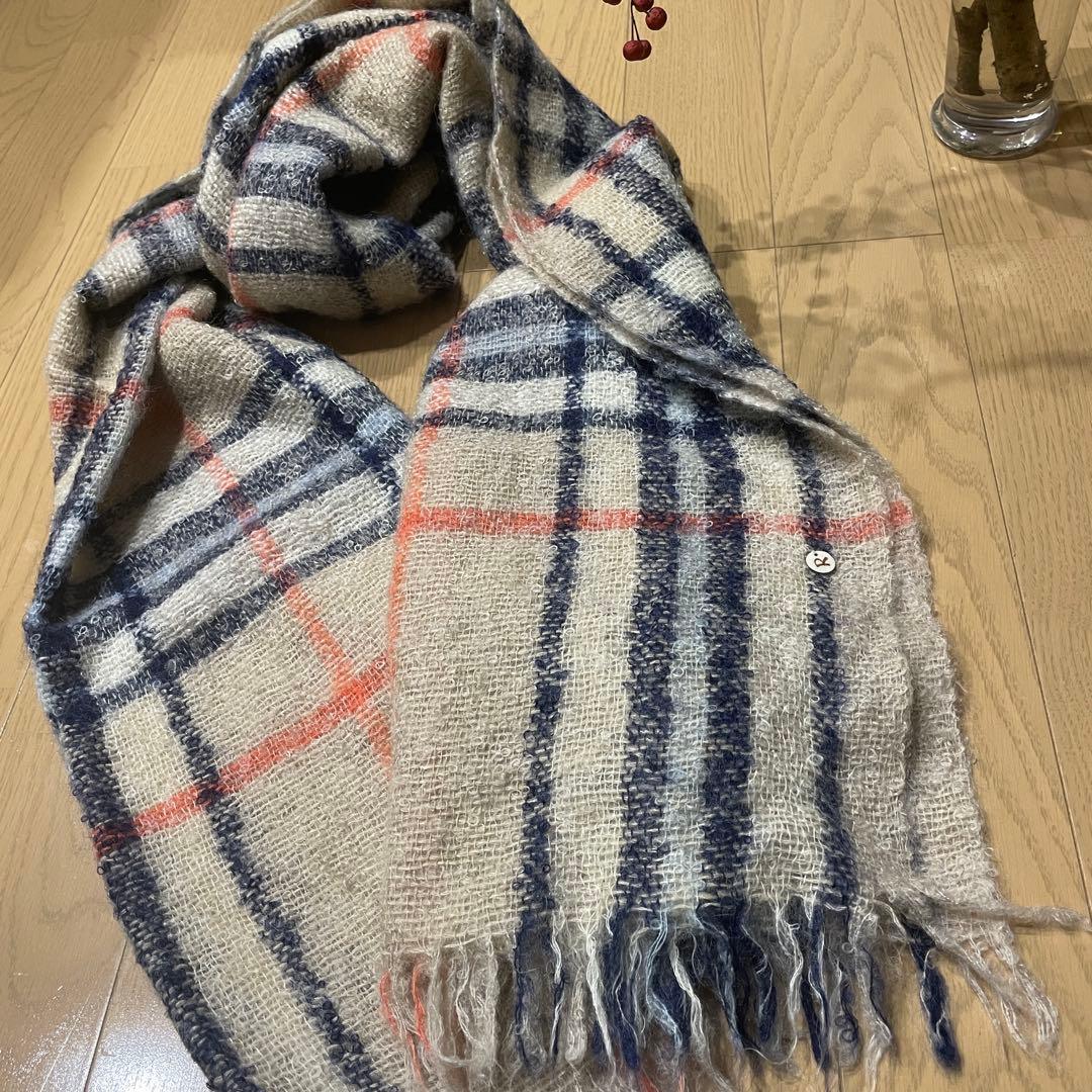 45Rチェック柄大判マフラーベージュ ネイビー オレンジ