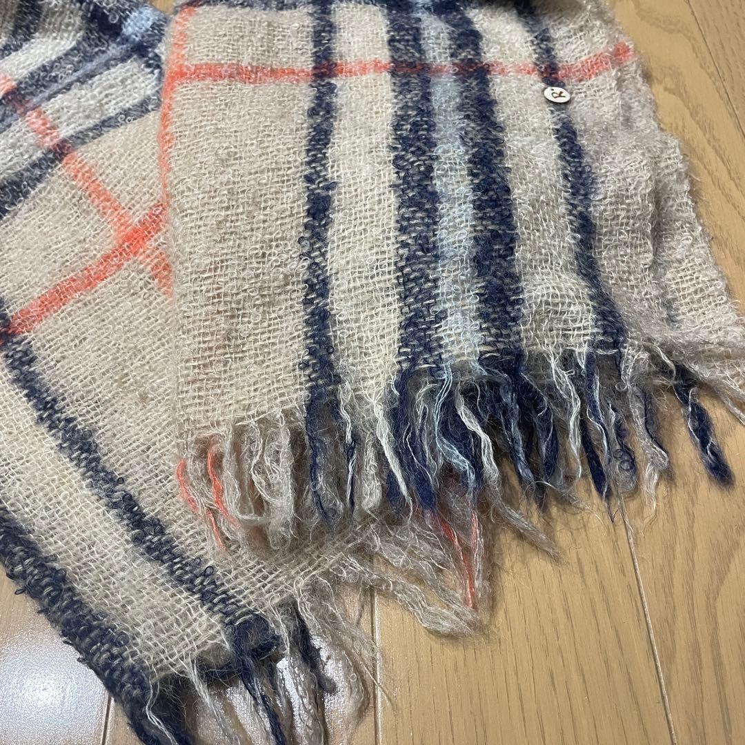 45Rチェック柄大判マフラーベージュ ネイビー オレンジ