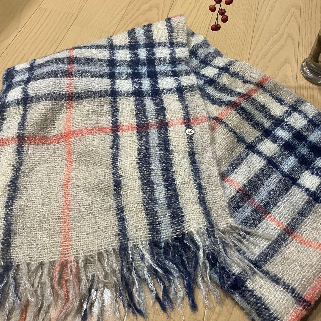 45Rチェック柄大判マフラーベージュ ネイビー オレンジ