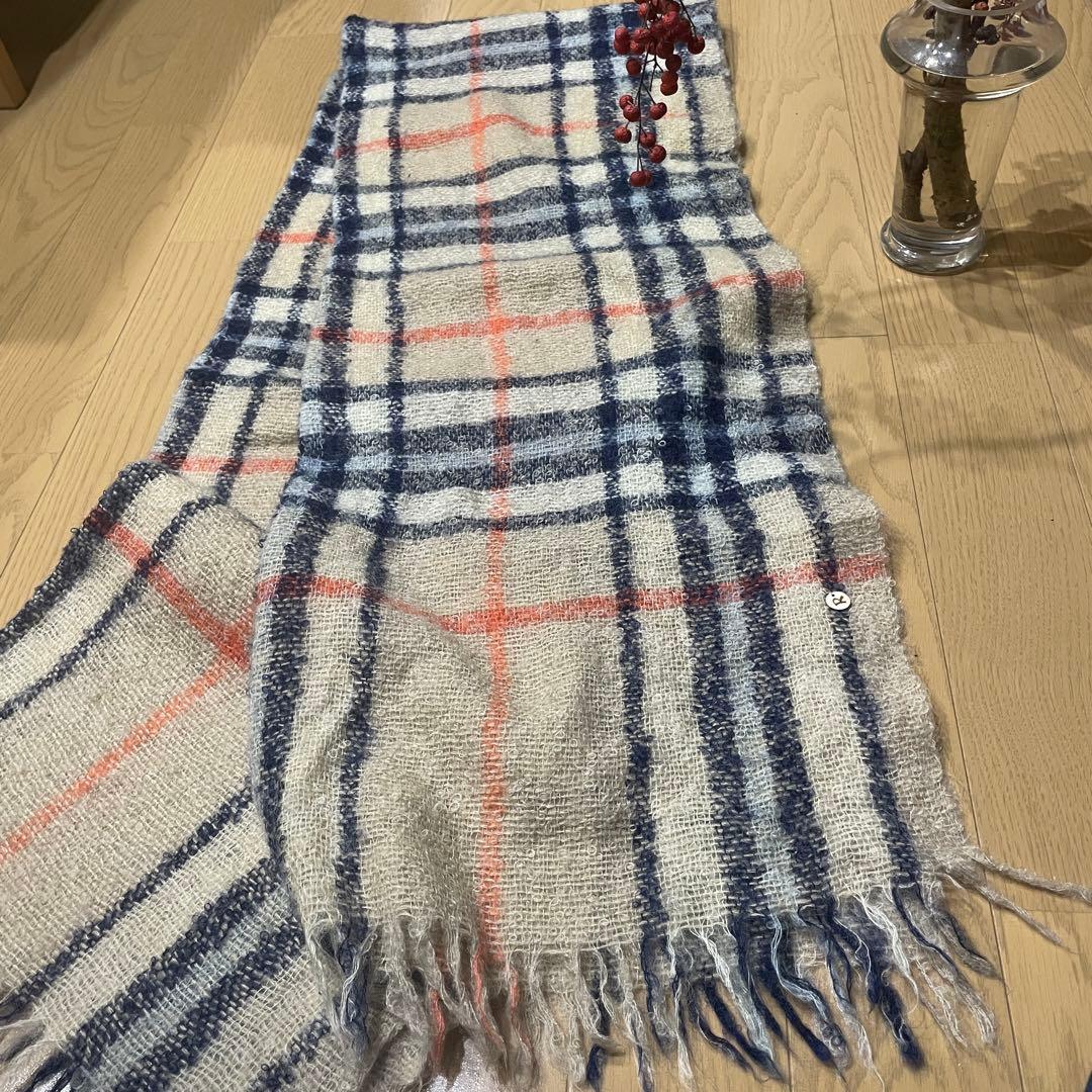 45Rチェック柄大判マフラーベージュ ネイビー オレンジ
