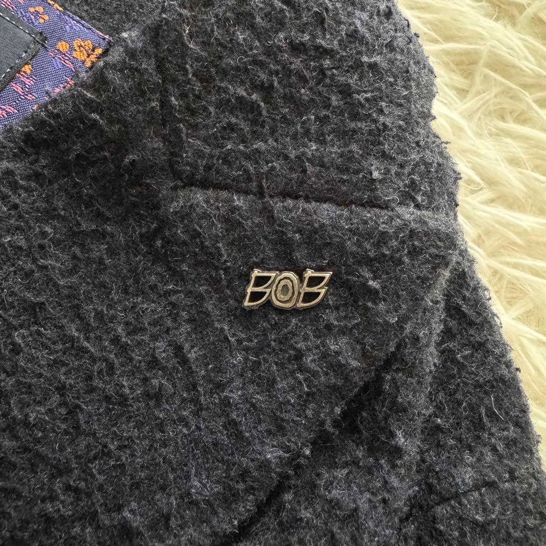 【BOB ボブ】チェスターコート　ロング　ダブル　チェック柄　紺 金ボタン　M