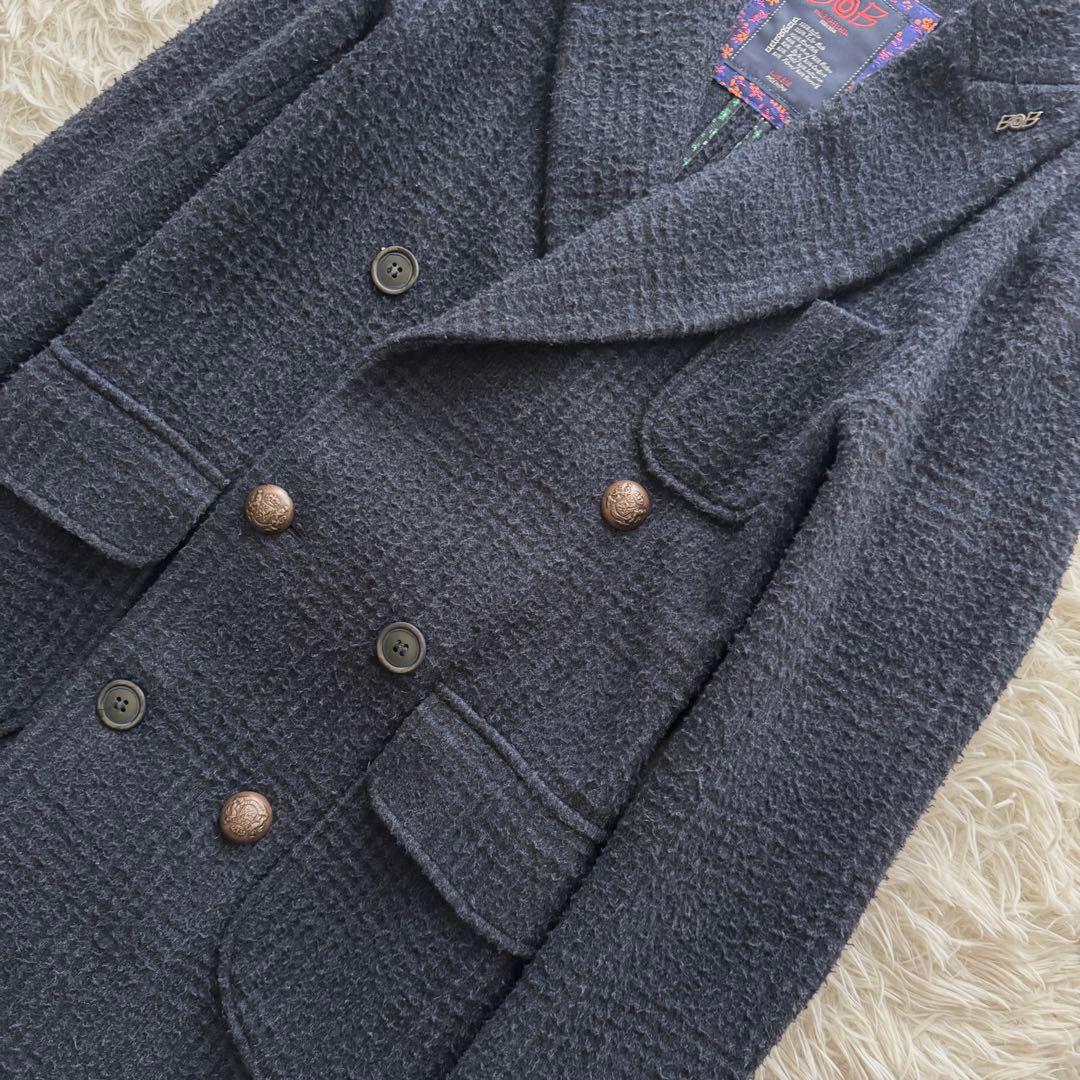 【BOB ボブ】チェスターコート　ロング　ダブル　チェック柄　紺 金ボタン　M