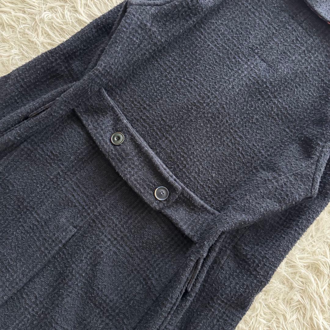 【BOB ボブ】チェスターコート　ロング　ダブル　チェック柄　紺 金ボタン　M