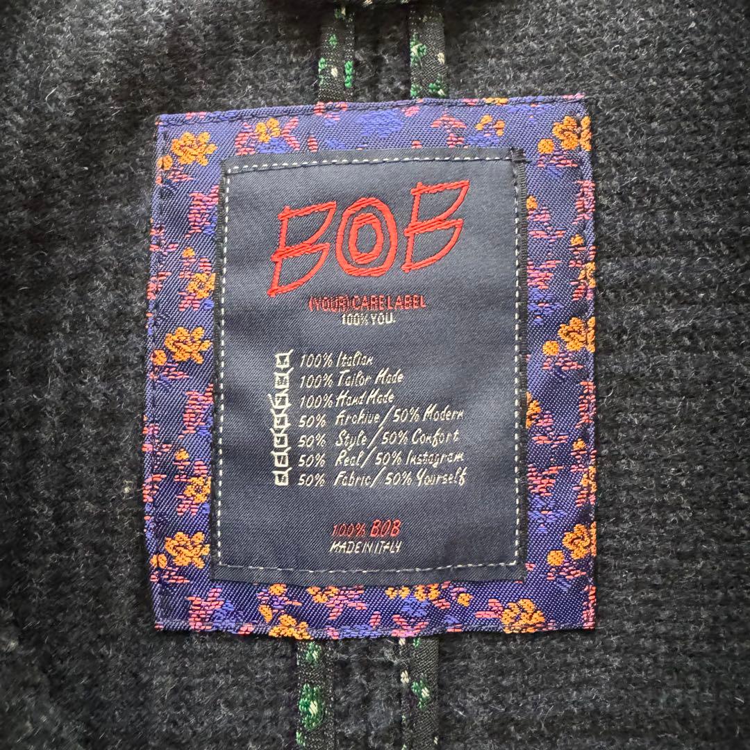 【BOB ボブ】チェスターコート　ロング　ダブル　チェック柄　紺 金ボタン　M