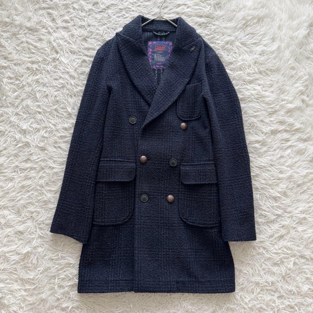 【BOB ボブ】チェスターコート　ロング　ダブル　チェック柄　紺 金ボタン　M