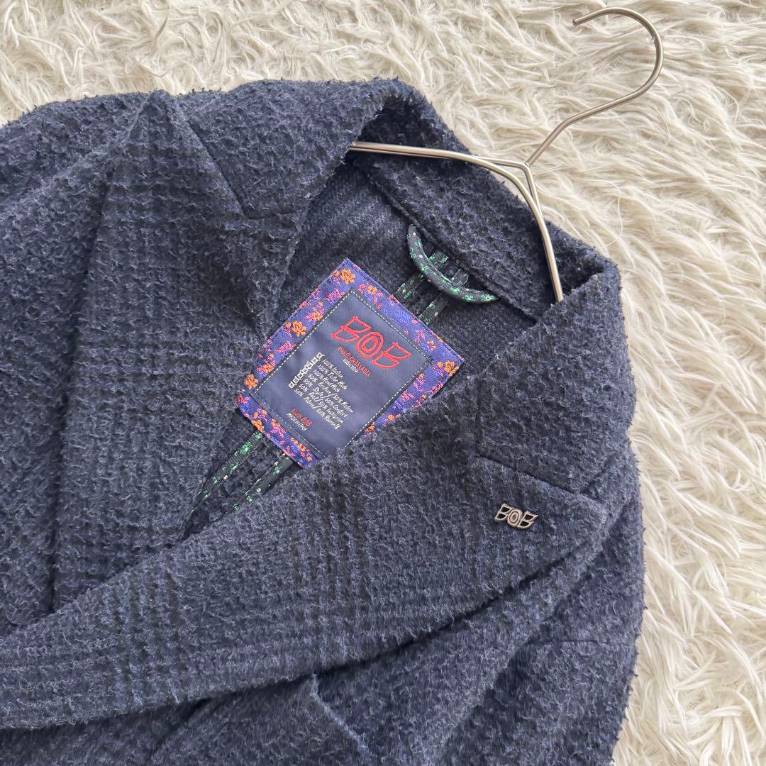 【BOB ボブ】チェスターコート　ロング　ダブル　チェック柄　紺 金ボタン　M