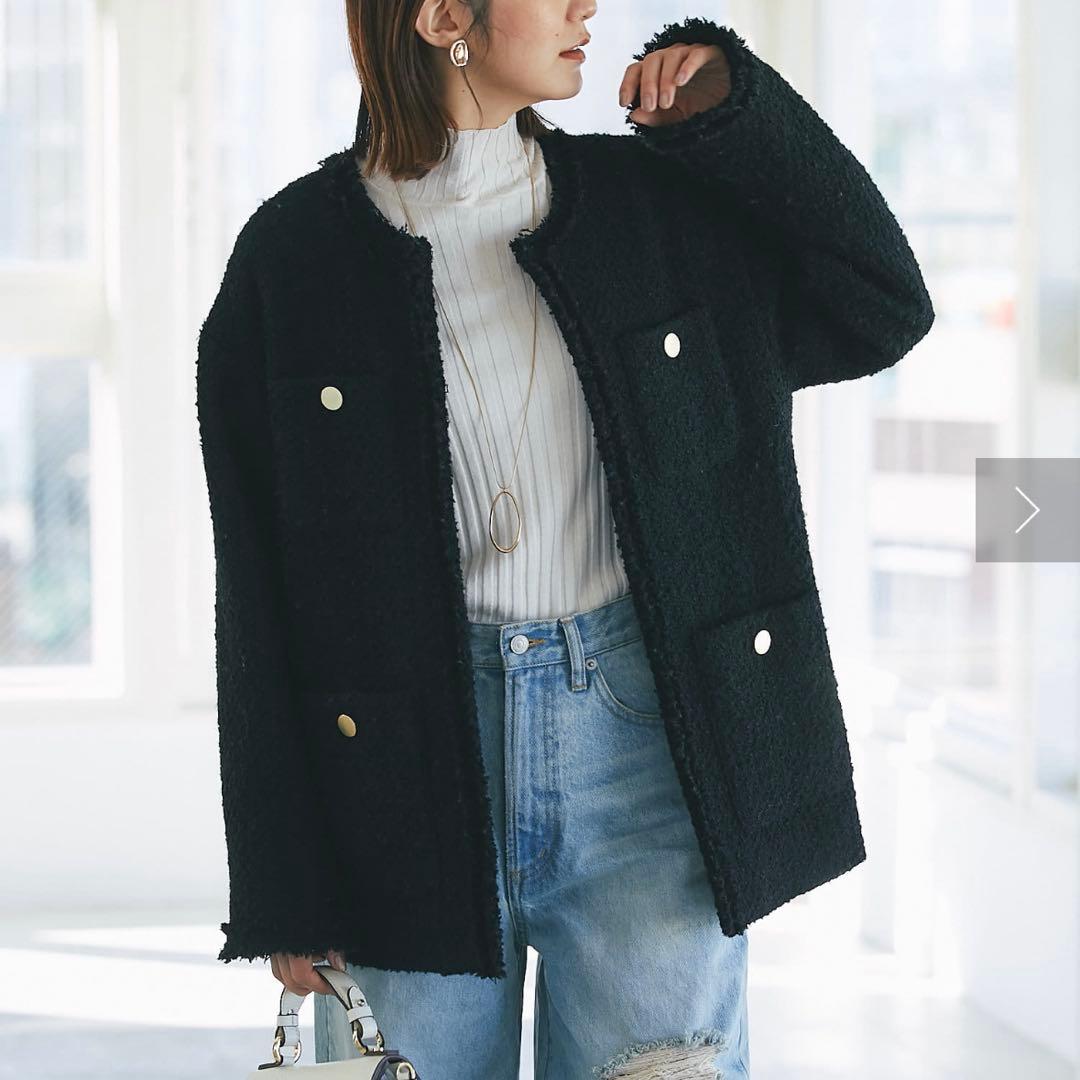 RIVE DROITE ツイードフリンジジャケット ブラック セレモニー