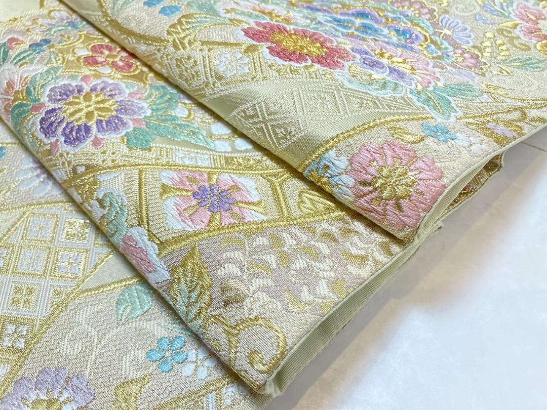 桂由美 やまと誂製 唐織 華紋 熨斗 袋帯 正絹 金 黄緑 白 紫 ピンク711