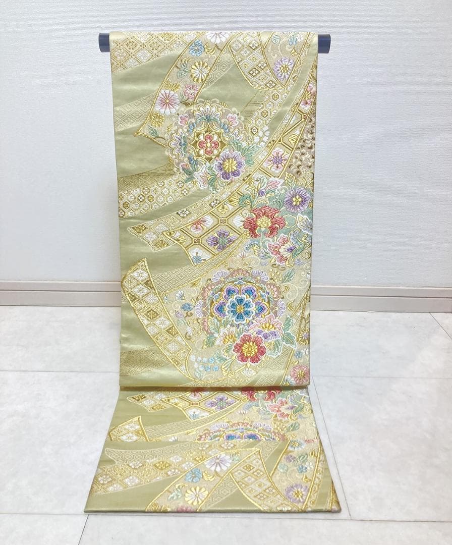 桂由美 やまと誂製 唐織 華紋 熨斗 袋帯 正絹 金 黄緑 白 紫 ピンク711