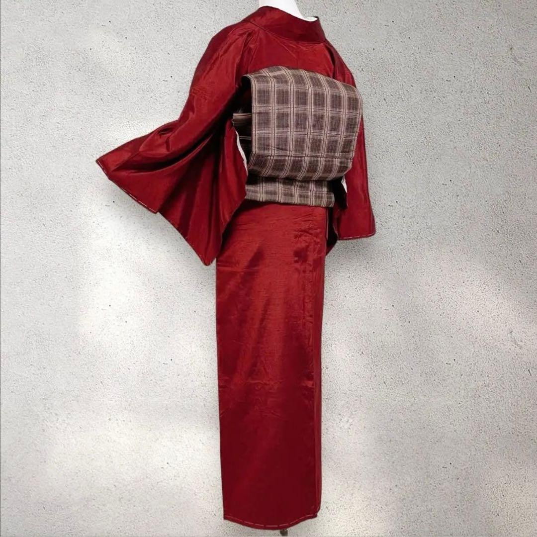 sy254 色紬 正絹 紬着物 色無地 身丈159裄丈67 新品美品 赤