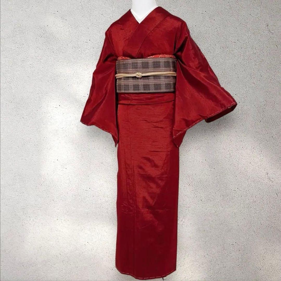 sy254 色紬 正絹 紬着物 色無地 身丈159裄丈67 新品美品 赤