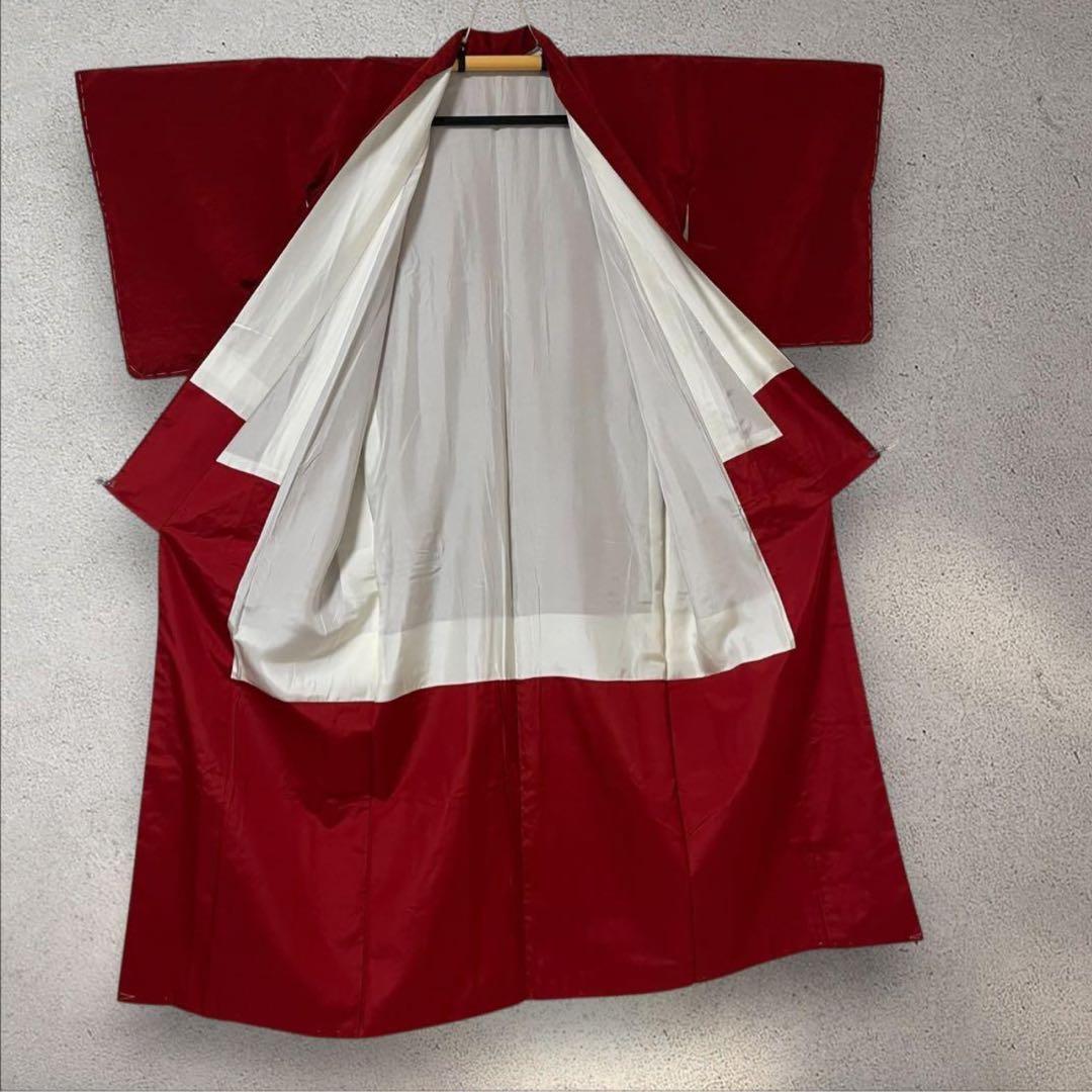 sy254 色紬 正絹 紬着物 色無地 身丈159裄丈67 新品美品 赤