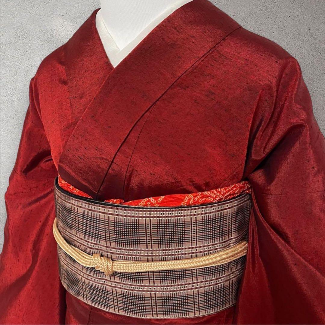 sy254 色紬 正絹 紬着物 色無地 身丈159裄丈67 新品美品 赤