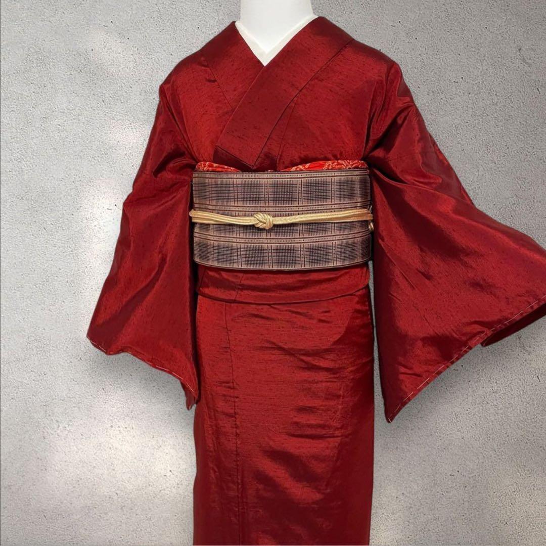 sy254 色紬 正絹 紬着物 色無地 身丈159裄丈67 新品美品 赤