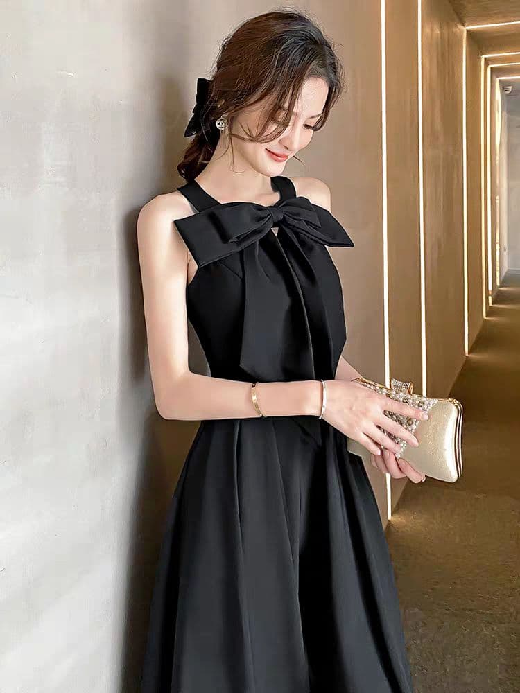 大人エレガント✭ひざ丈ブラックドレス✭高級感リボン✭デート&結婚式、二次会対応