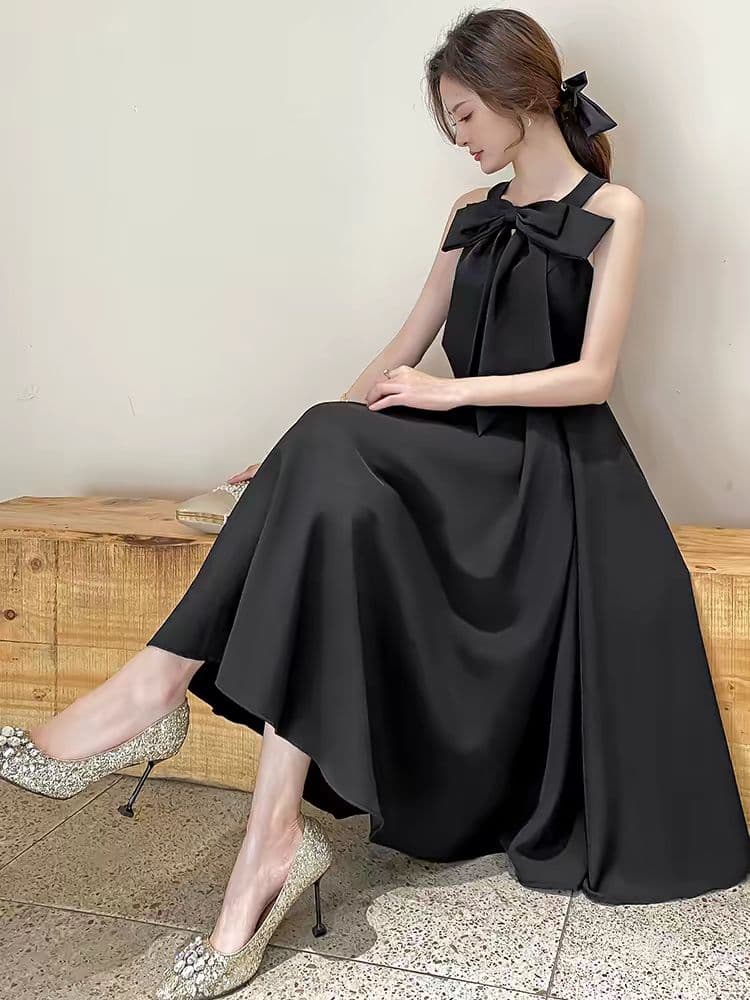 大人エレガント✭ひざ丈ブラックドレス✭高級感リボン✭デート&結婚式、二次会対応