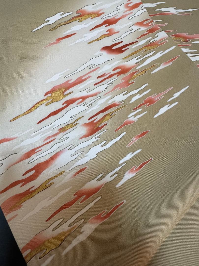 【銘品新品】京都老舗銘店「ゑり善」高級塩瀬帯 ベージュ色「褄霞文様」手描き友禅