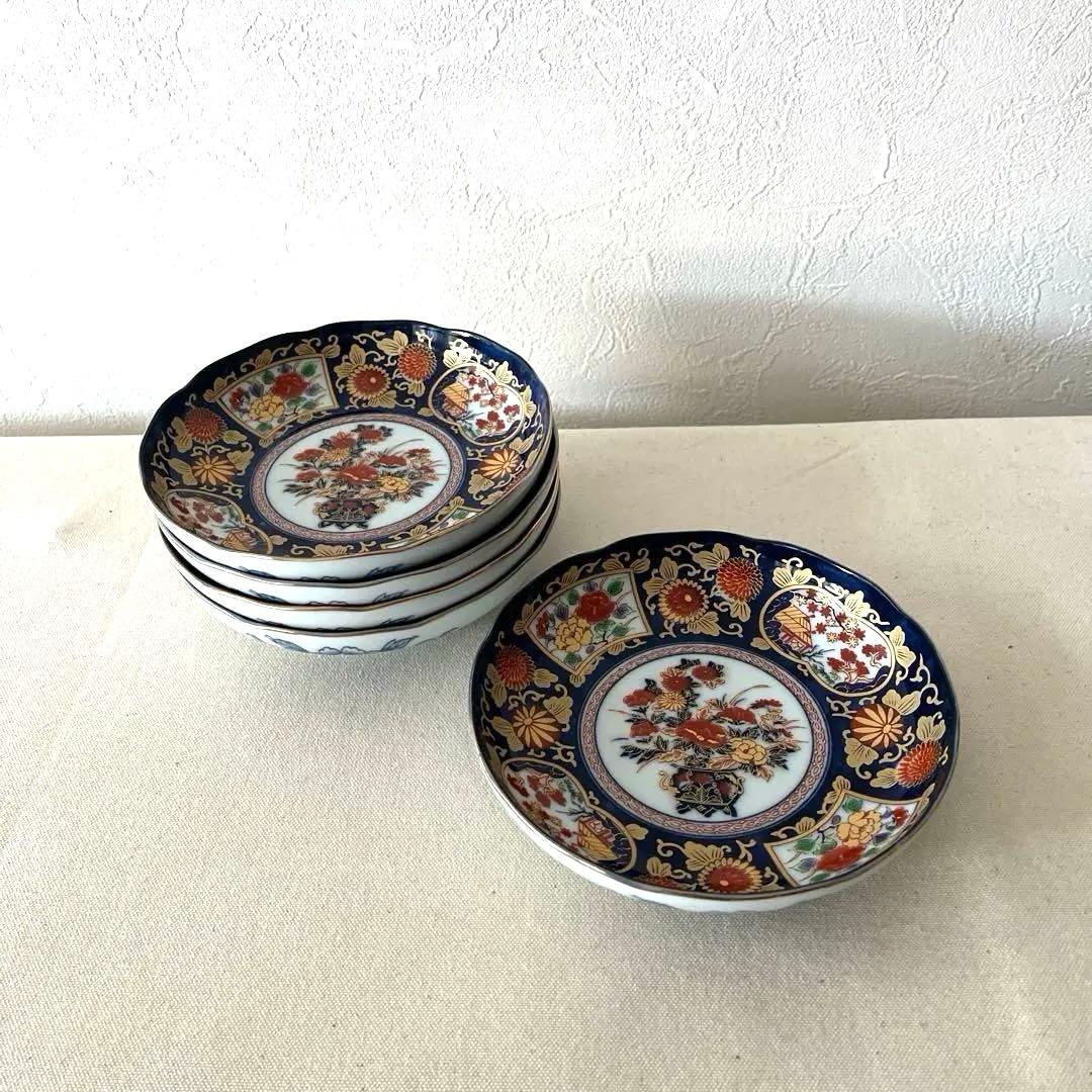 ○M648 ○有田焼 永祥窯 古伊万里　牡丹金彩 輪花皿【5枚】未使用美　華やか