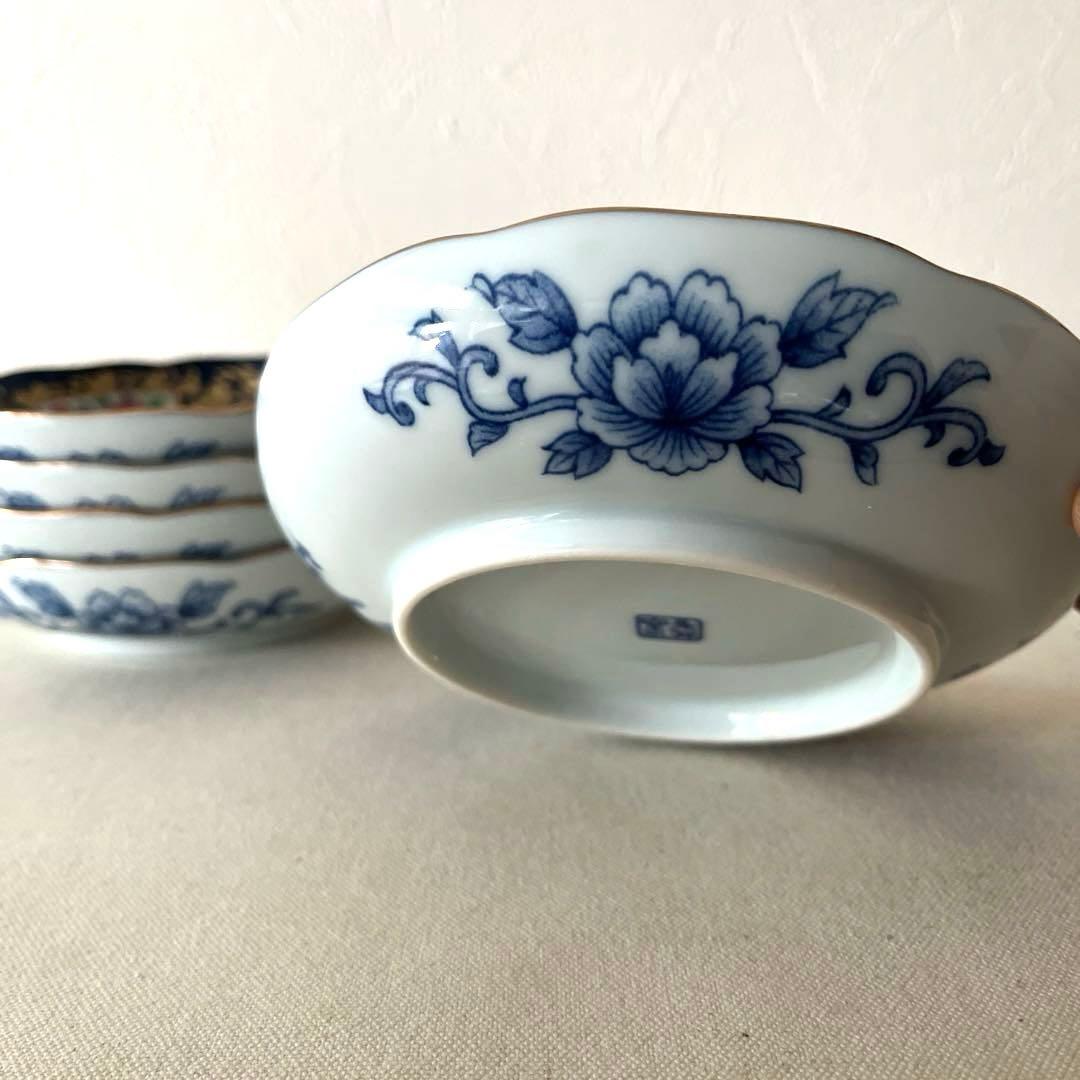 ○M648 ○有田焼 永祥窯 古伊万里　牡丹金彩 輪花皿【5枚】未使用美　華やか