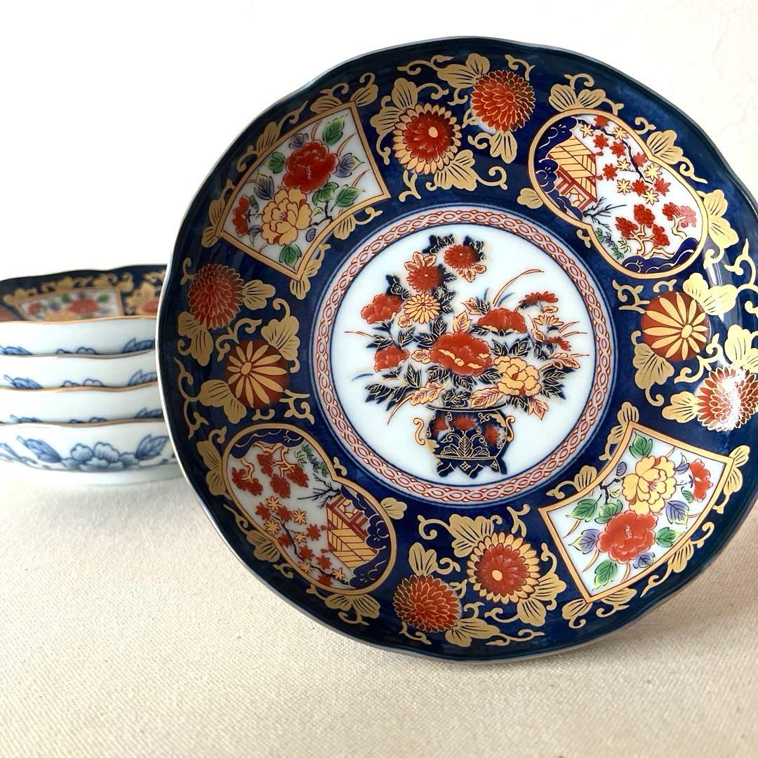 ○M648 ○有田焼 永祥窯 古伊万里　牡丹金彩 輪花皿【5枚】未使用美　華やか