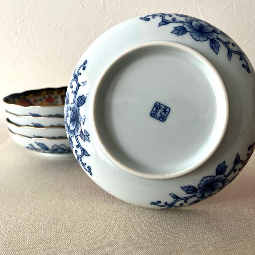 ○M648 ○有田焼 永祥窯 古伊万里　牡丹金彩 輪花皿【5枚】未使用美　華やか