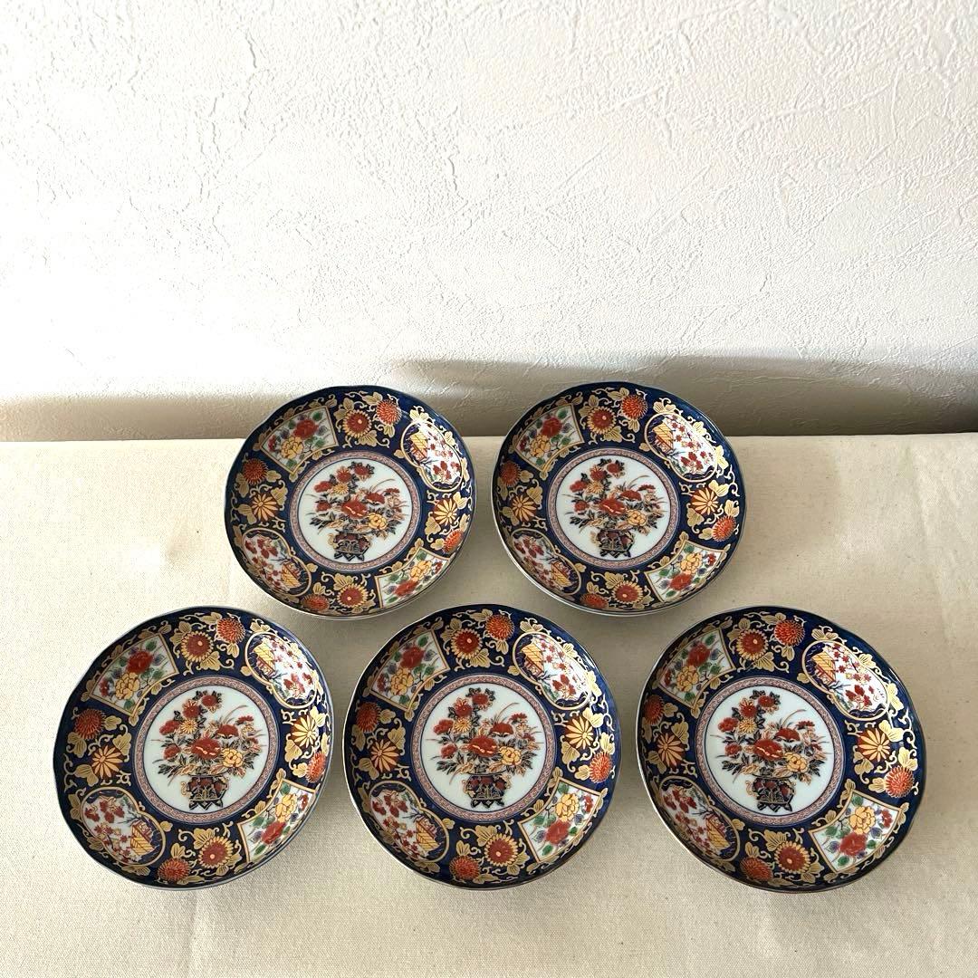 ○M648 ○有田焼 永祥窯 古伊万里　牡丹金彩 輪花皿【5枚】未使用美　華やか